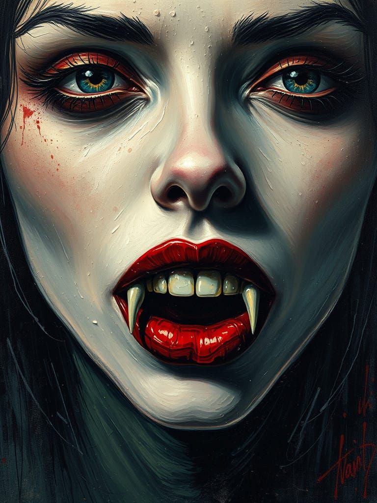 Gothic Vampire Woman in Thick Impasto Oil Painting Style