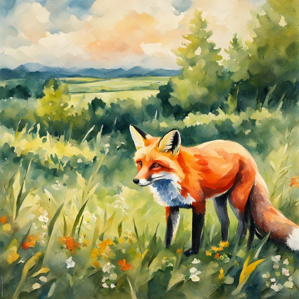 Fox Surrounded by Vibrant Blooms in an Epic Impressionist Ma...