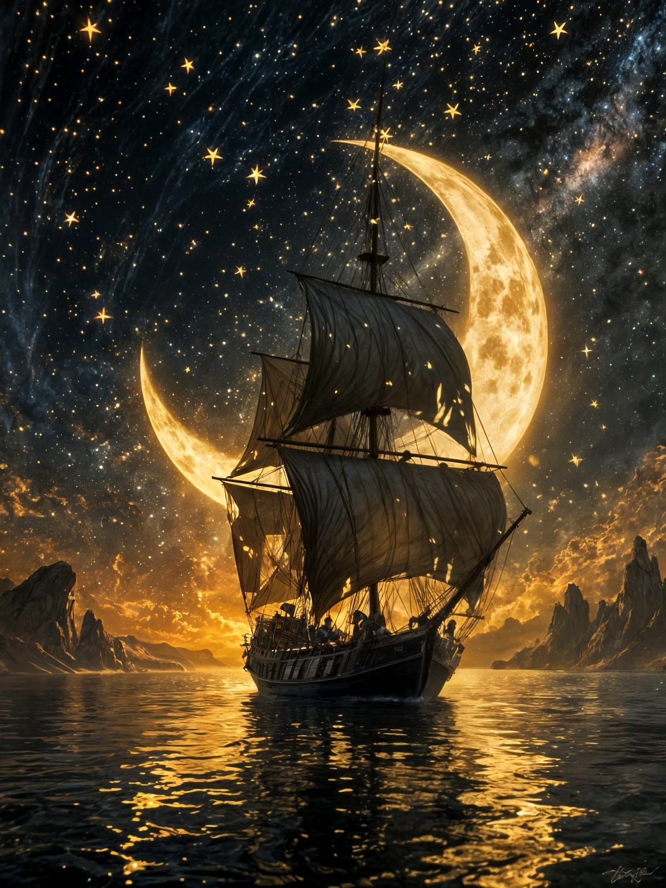 Impressionist Sailboat Under Golden Starlit Moon