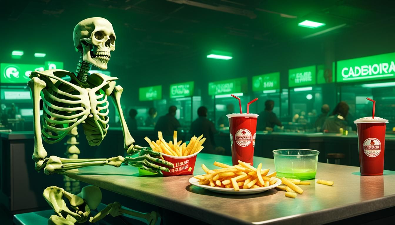The Lost Skeleton of Cadavra eating French Fries with ketchu...