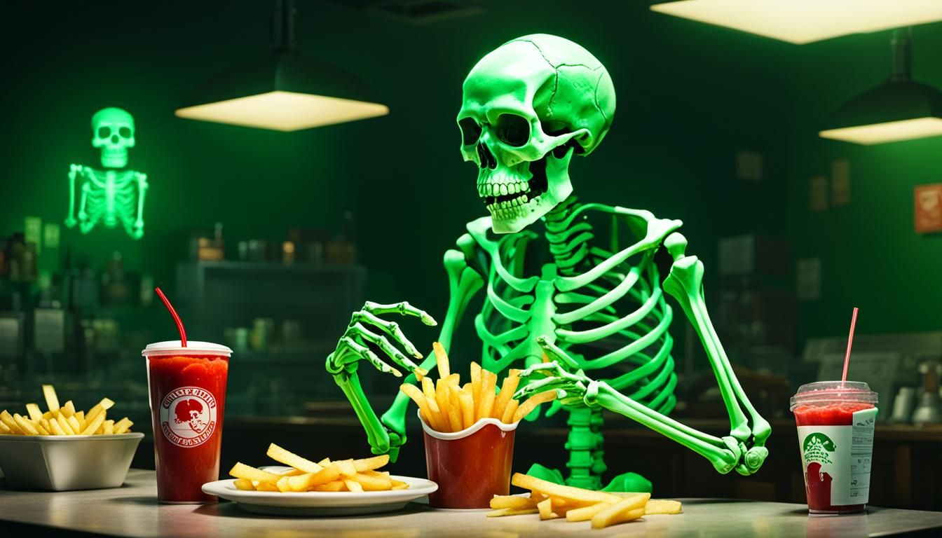 The Lost Skeleton of Cadavra eating French Fries with ketchu...