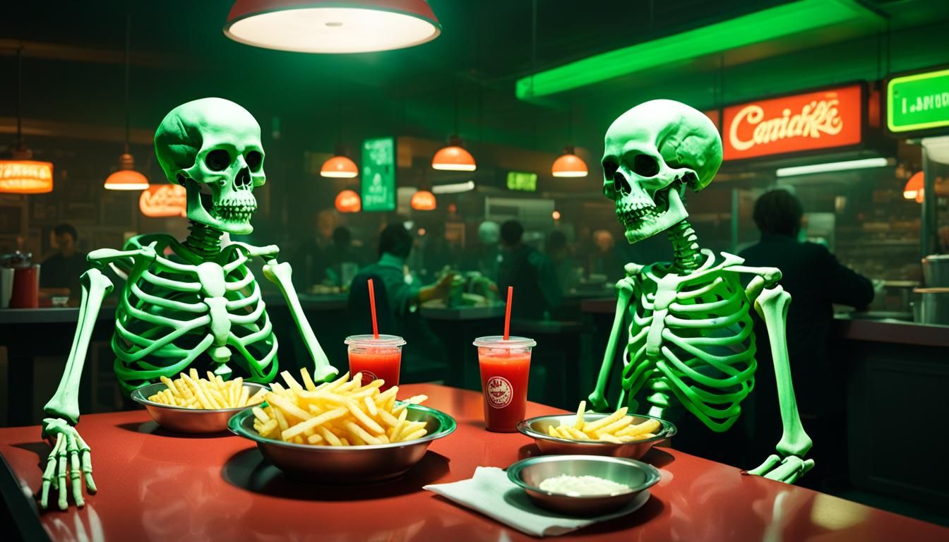 The Lost Skeleton of Cadavra eating French Fries with ketchu...