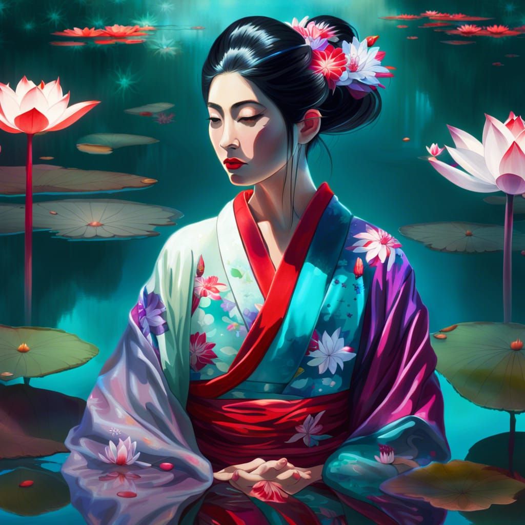 Geisha's Reflection in Ethereal Lotus Pond