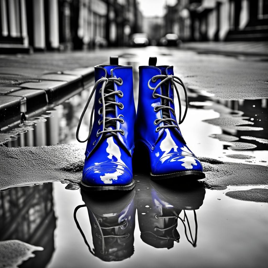 Cobalt Blue Boots Color Splash in Grayscale Puddle