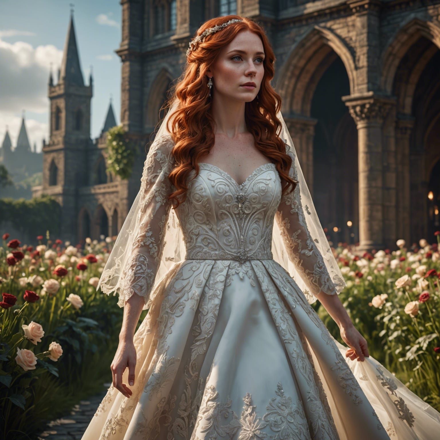 Red-Haired Bride Walking Down Aisle: Matte Painting
