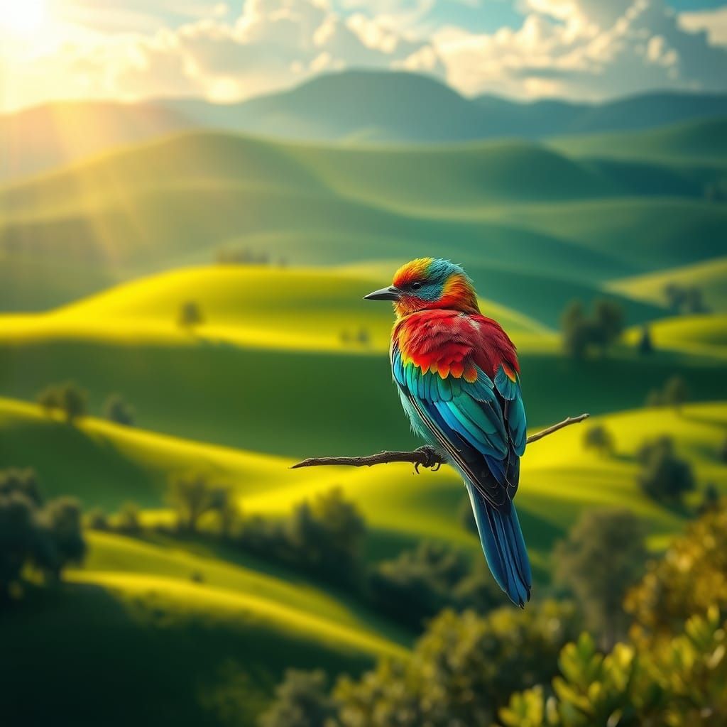 Vibrant Bird in Emerald Landscape, Cyberpunk-Inspired Art