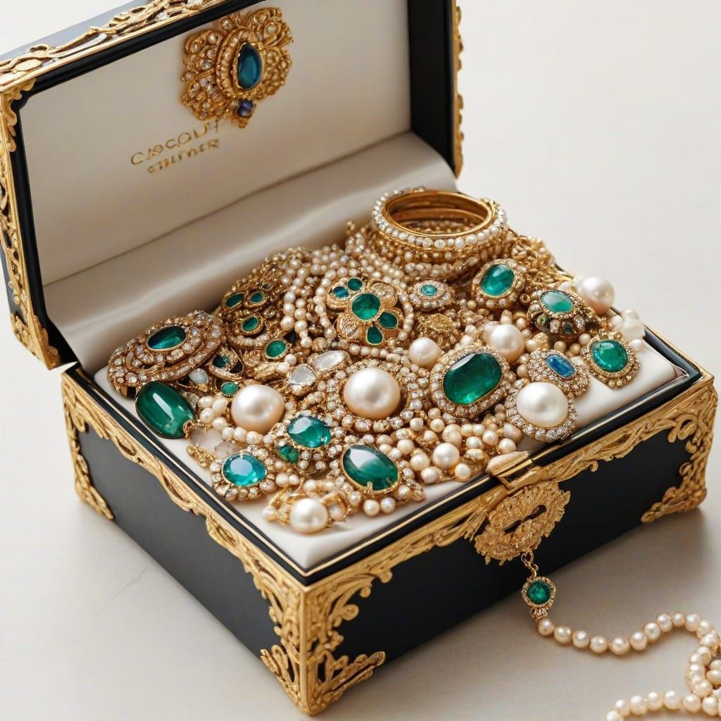 Luxurious Jewelry Box Overflowing with Pearls and Precious G...