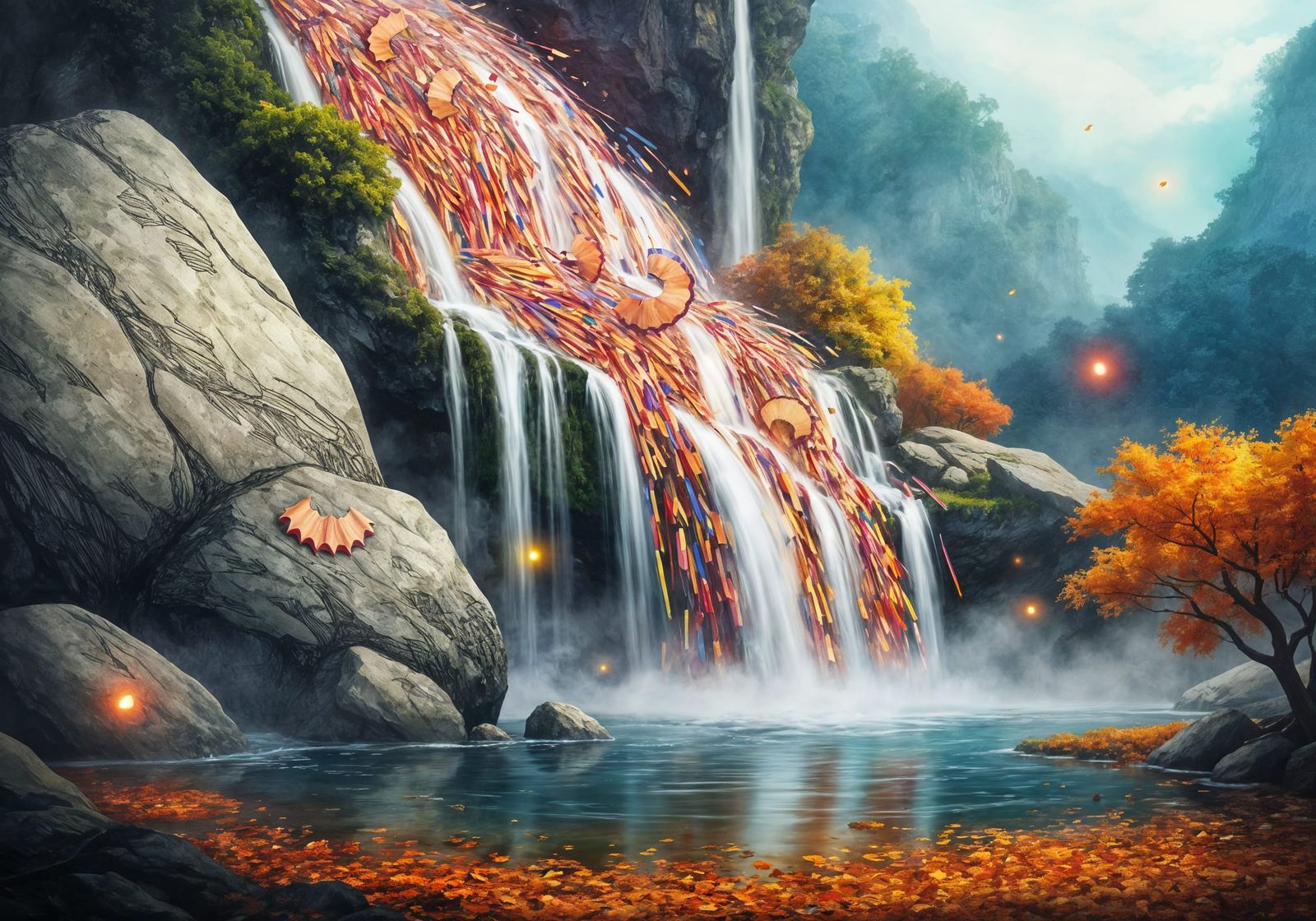 Fantastical Waterfall of Pencil Shavings in Autumn Pool