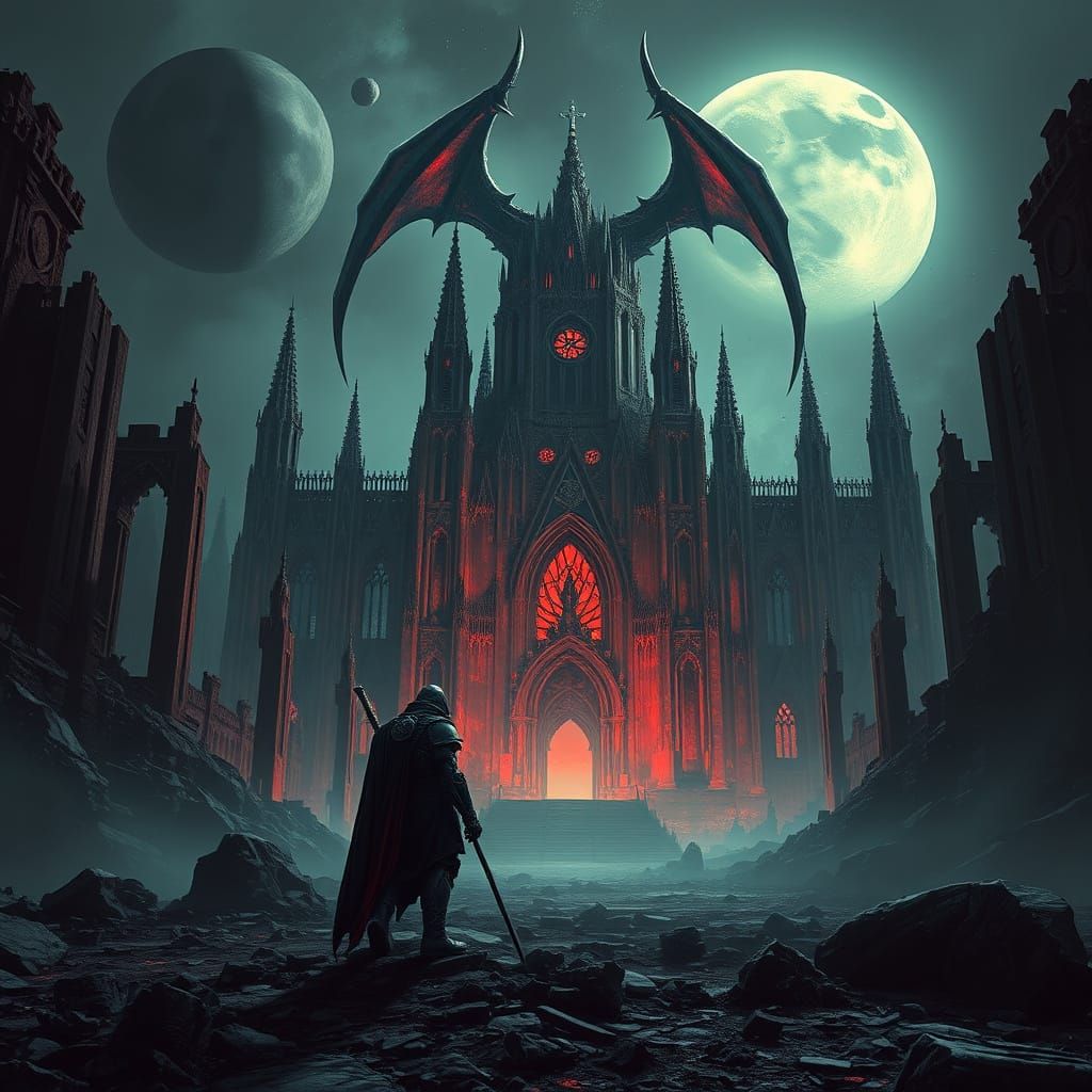 Doomslayer Silhouette Against a Ruined Gothic Cathedral
