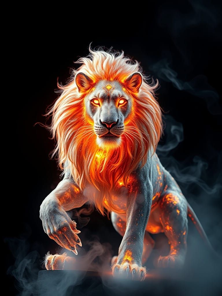 Majestic Lion of Fiery Ice Ascends in Ethereal Power