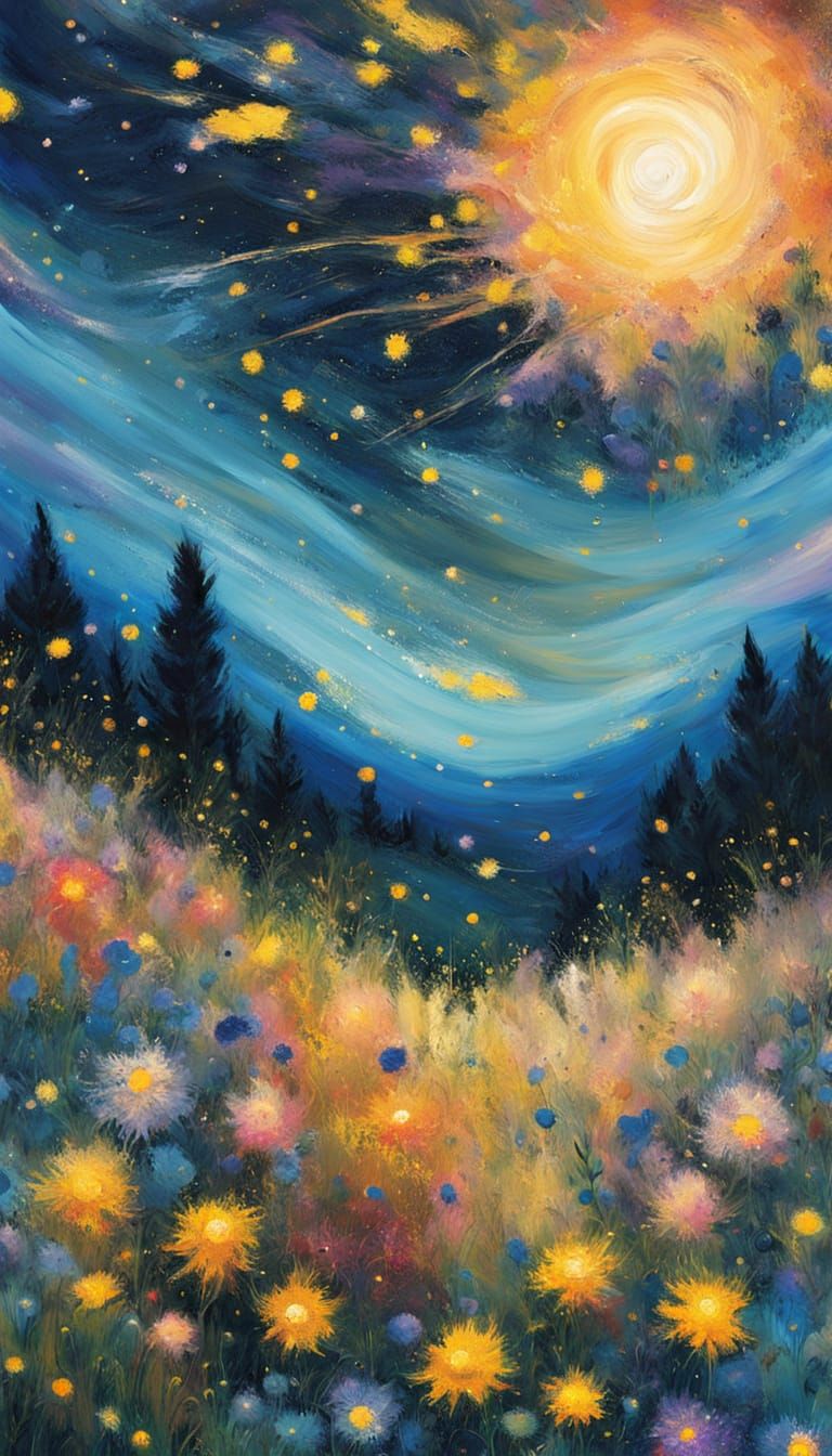 Dreamy Night Meadow in Vibrant Splatter Paint Style