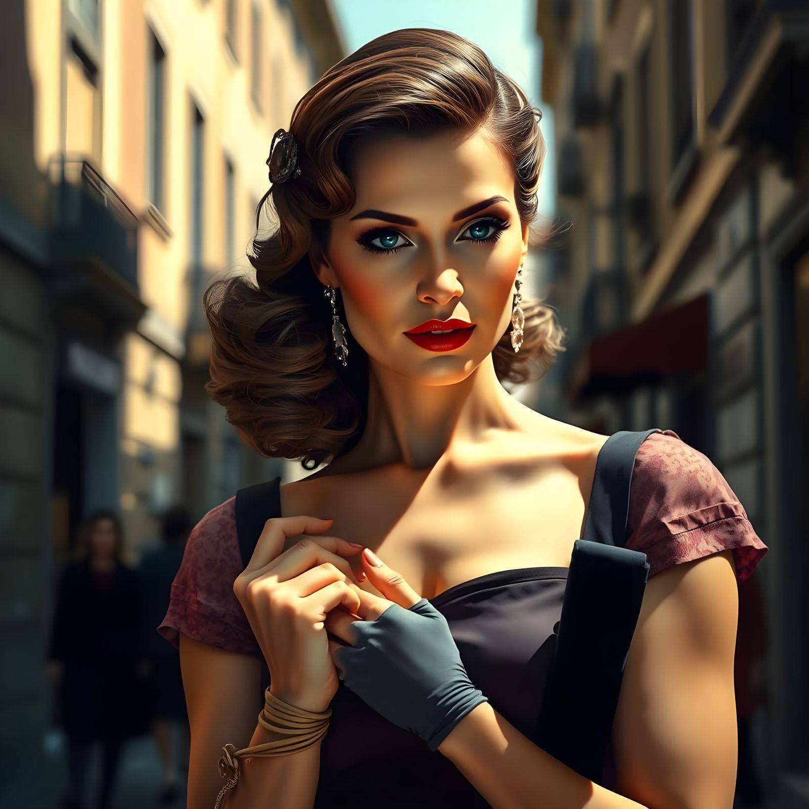 Elegant Italian Actress in 1940s Rome Street Portrait