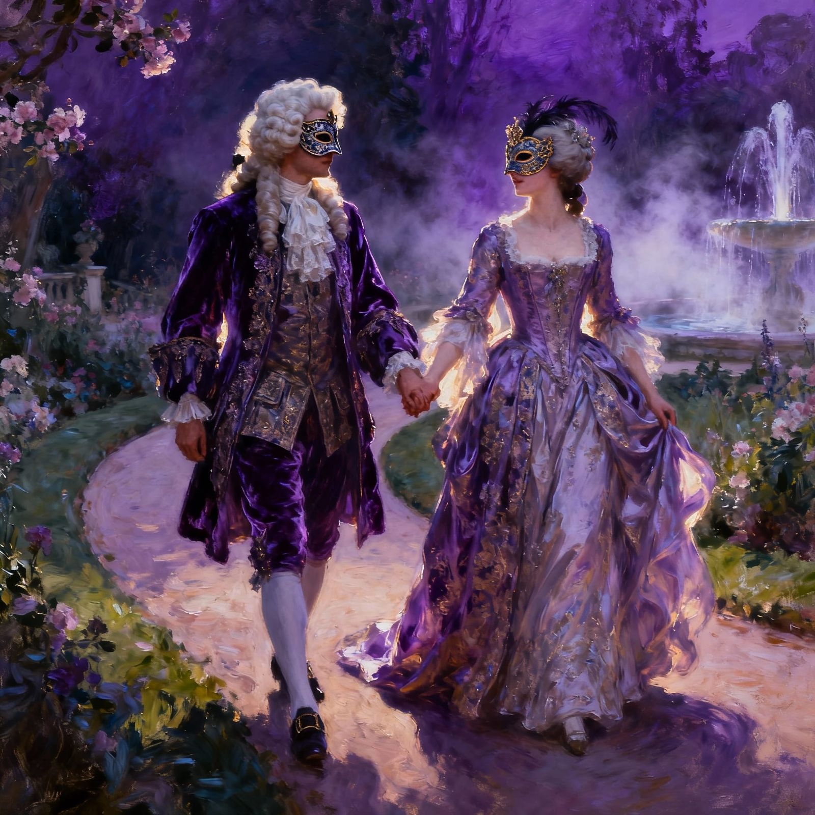 Baroque Couple in Purple Costumes on Garden Path