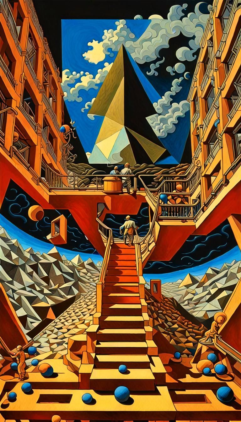 Escher's Ascending and Descending in Surreal Pop Art