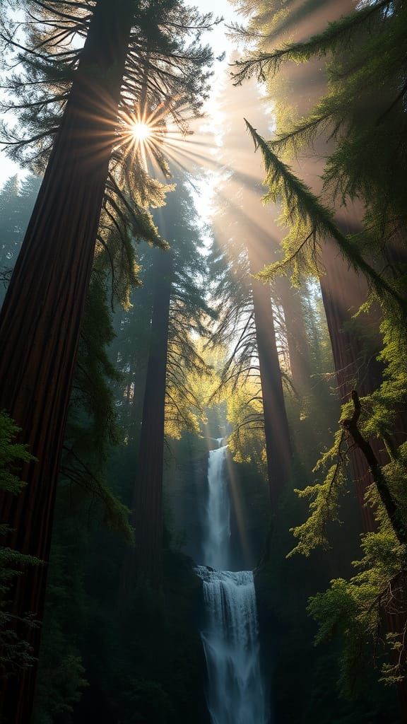 Cascading Waterfalls Among Towering Sequoia Trees