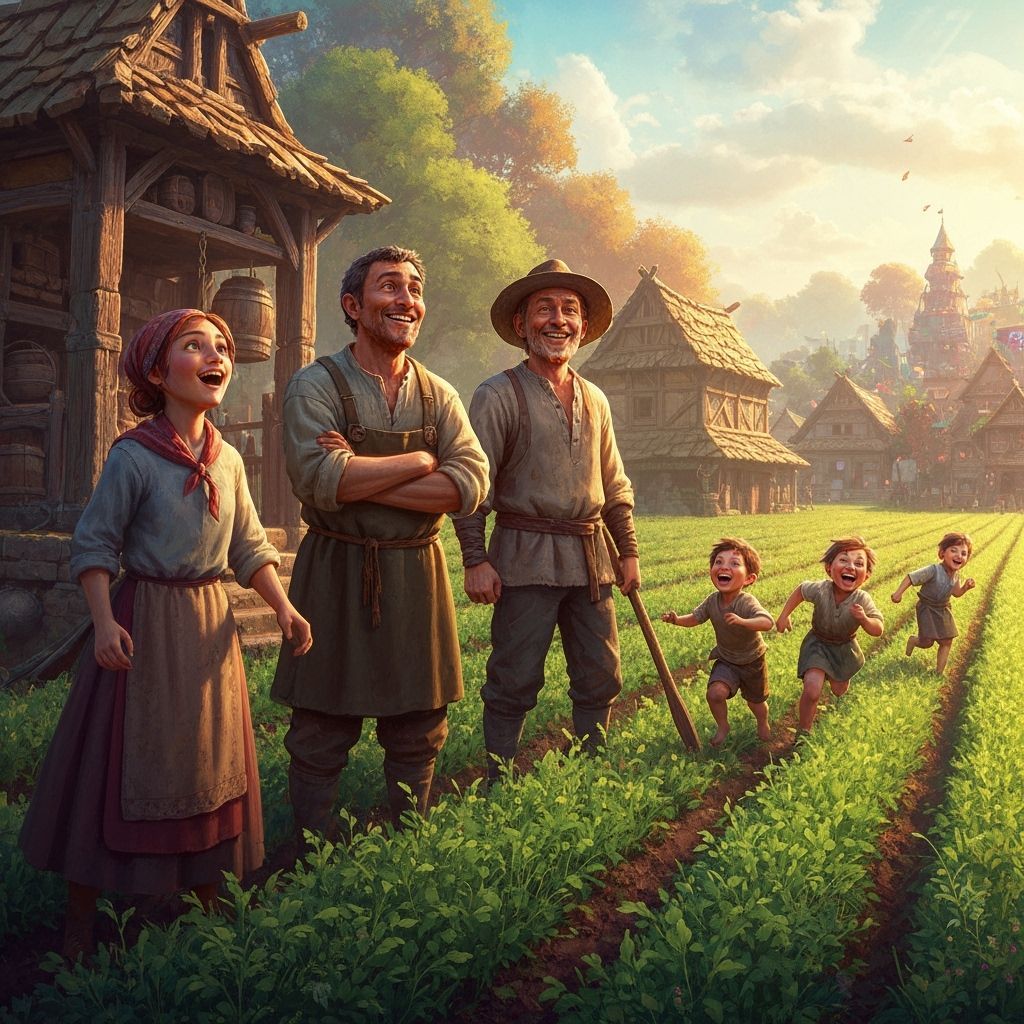 Villagers Admire Lush Field in Golden Sunlight