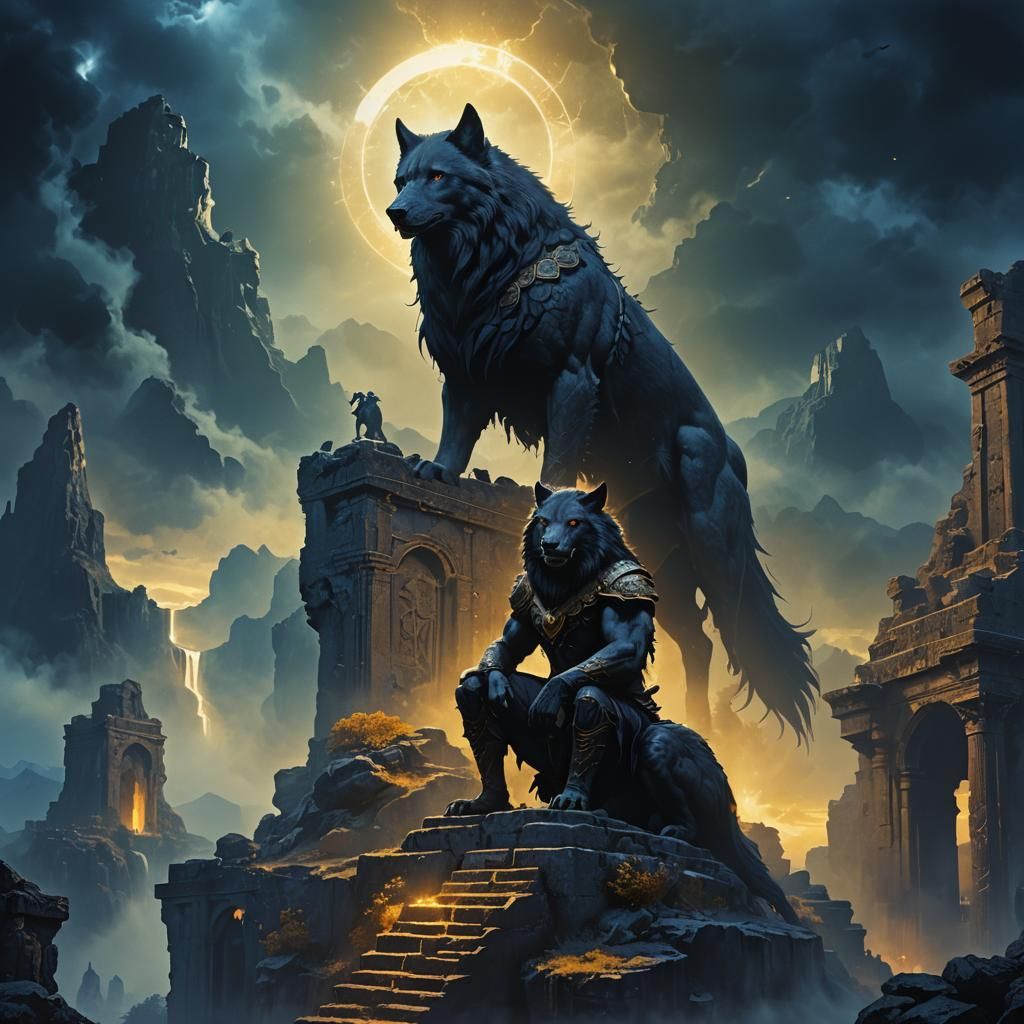 Majestic Black Wolf on Ancient Ruins