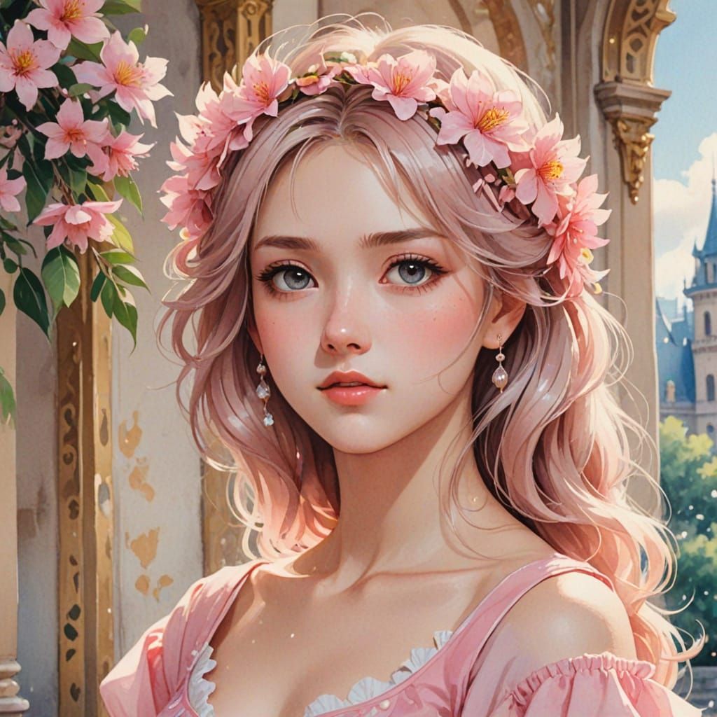 Anime Girl in Palace with Flowers in Her Hair