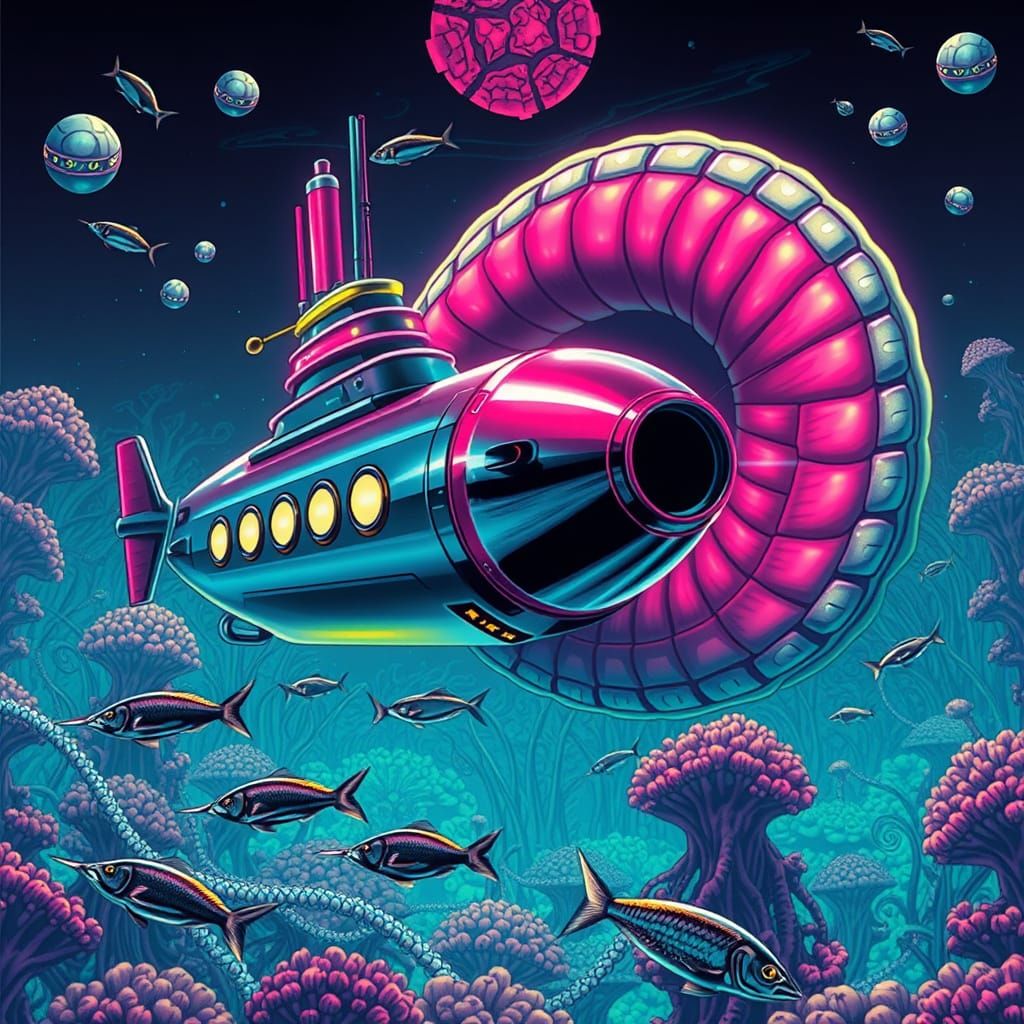 Retro-Futuristic Submarine Under Attack by Alien Worm