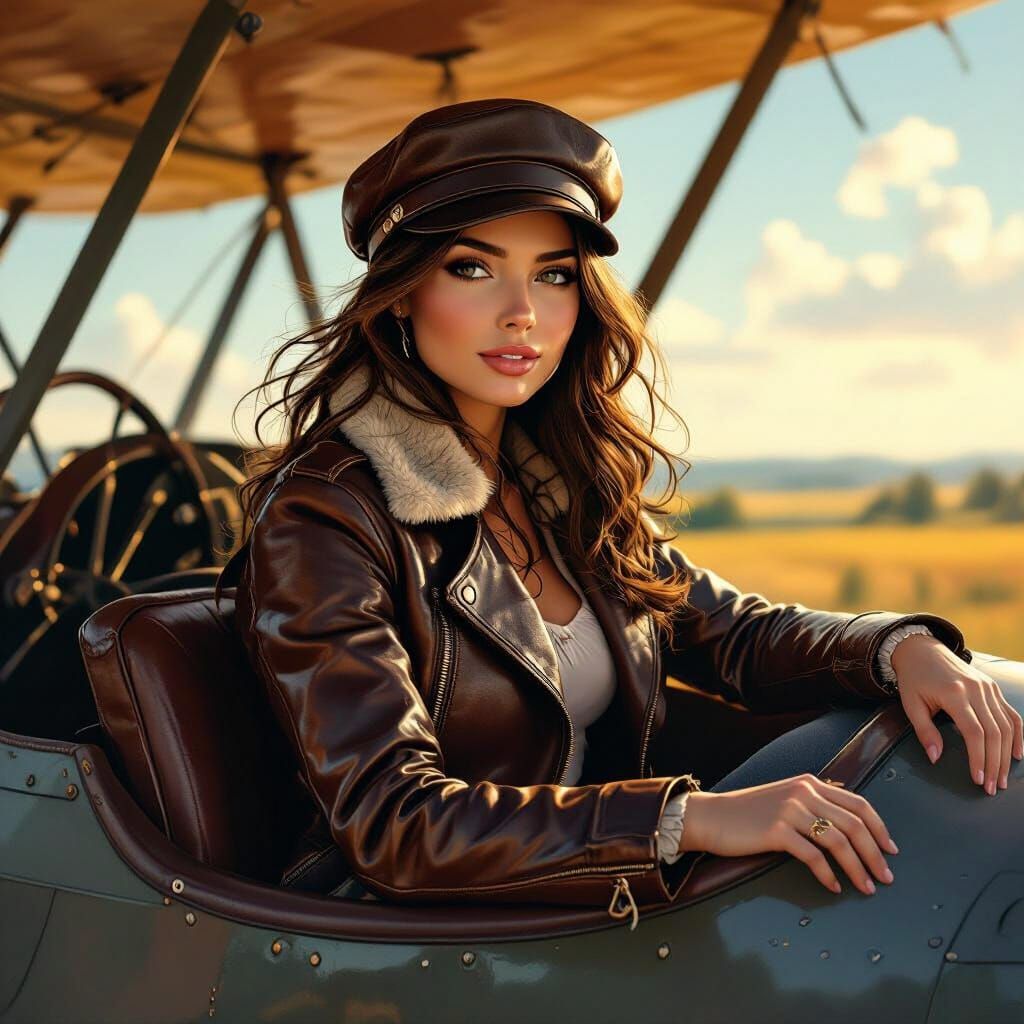 Brunette Girl on Biplane in Golden Hour Lighting