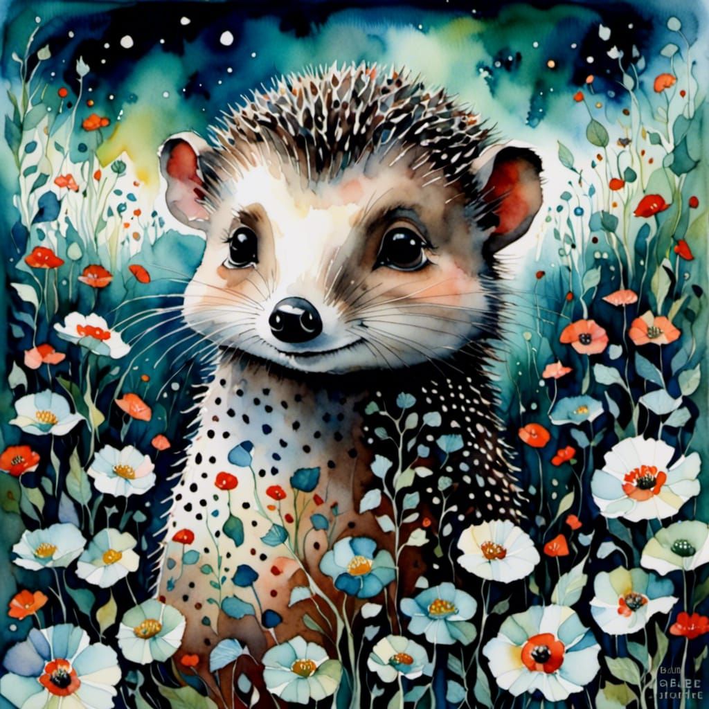 Whimsical Hedgehog Portrait in Watercolor Dreamscape