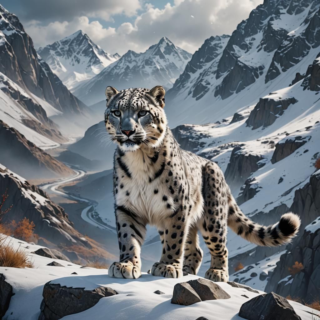 Snow Leopard in Snowy Mountain Valley