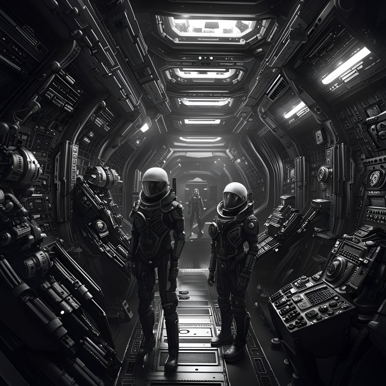 Black and White Cyborgs on Spaceship as Matte Painting
