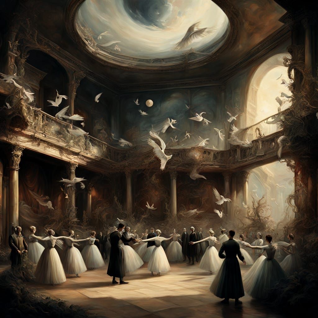 Surreal Ballet Performance: Swans and Dancers on Stage