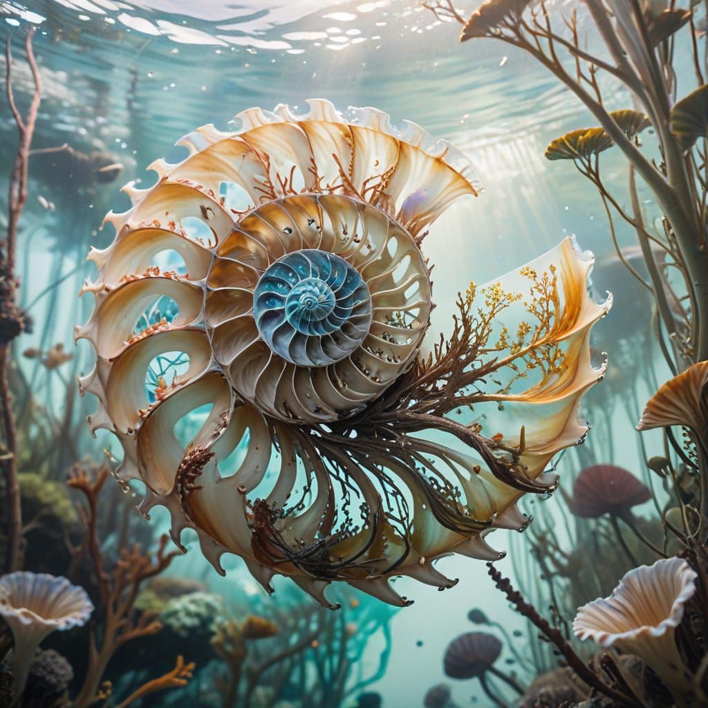 Nautilus in Kelp Forest: Stylized Watercolor Art