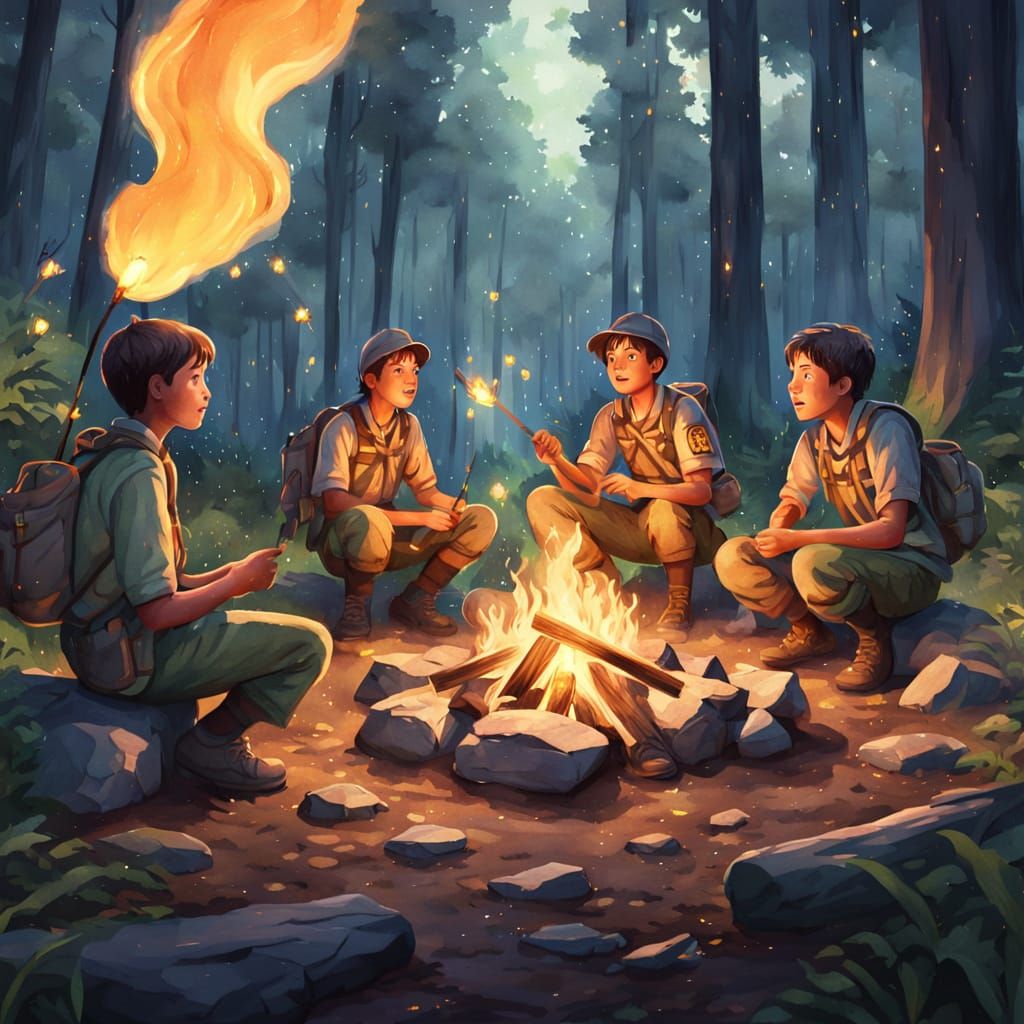 Scouts Around Campfire in Forest, Watercolor Style