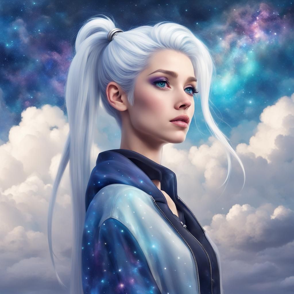 Girl with White Hair and Blue Tips on Clouds