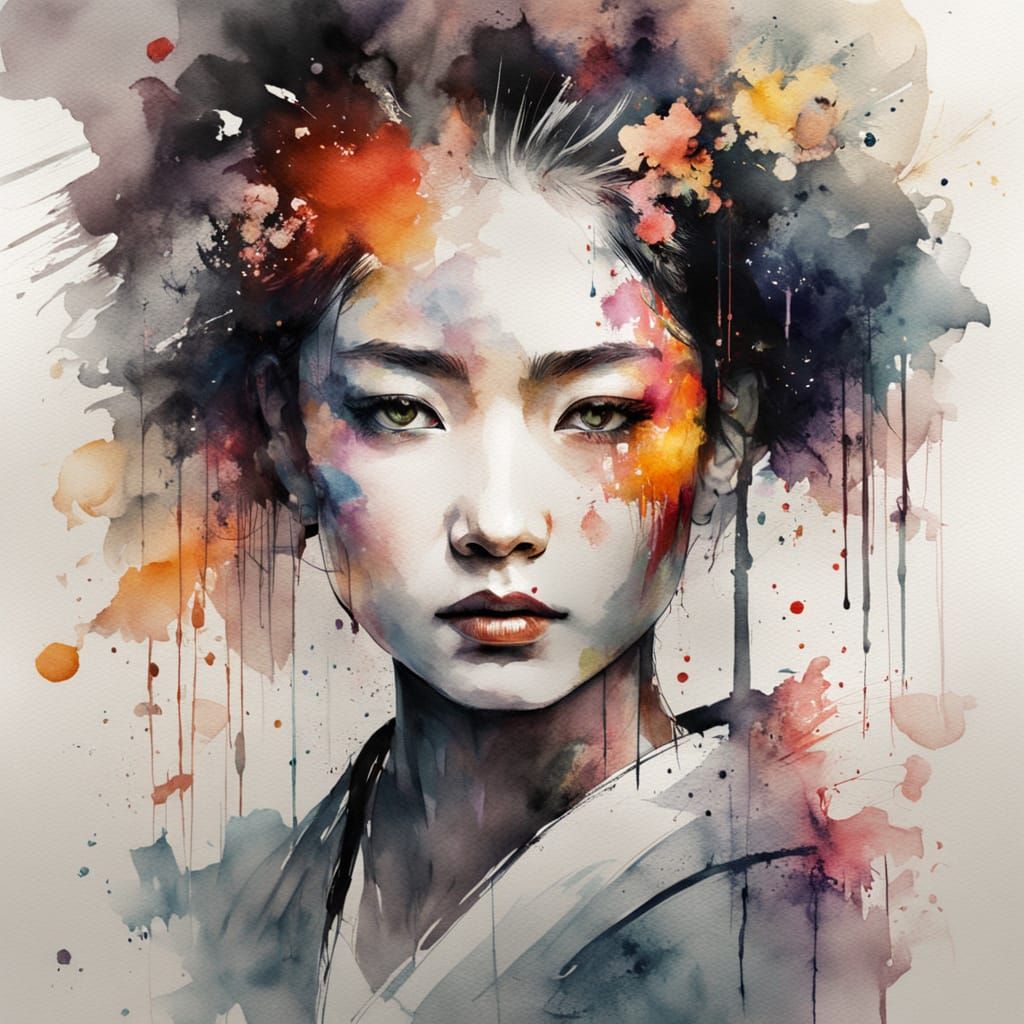 Surreal Geisha Amidst Japanese Mountains in Ethereal Sunset