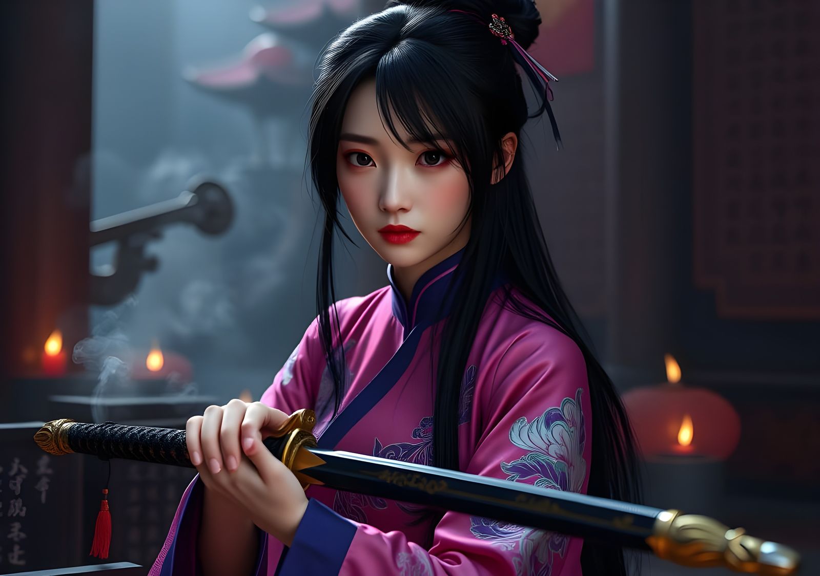Mulan in Ancestral Temple: Dark Fantasy Concept Art