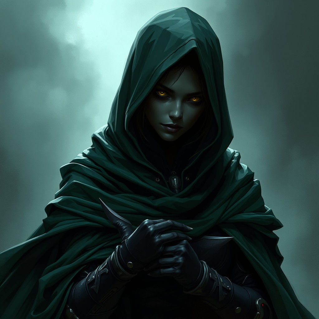 Sinister Inky Black Female in Dark Green Cloak