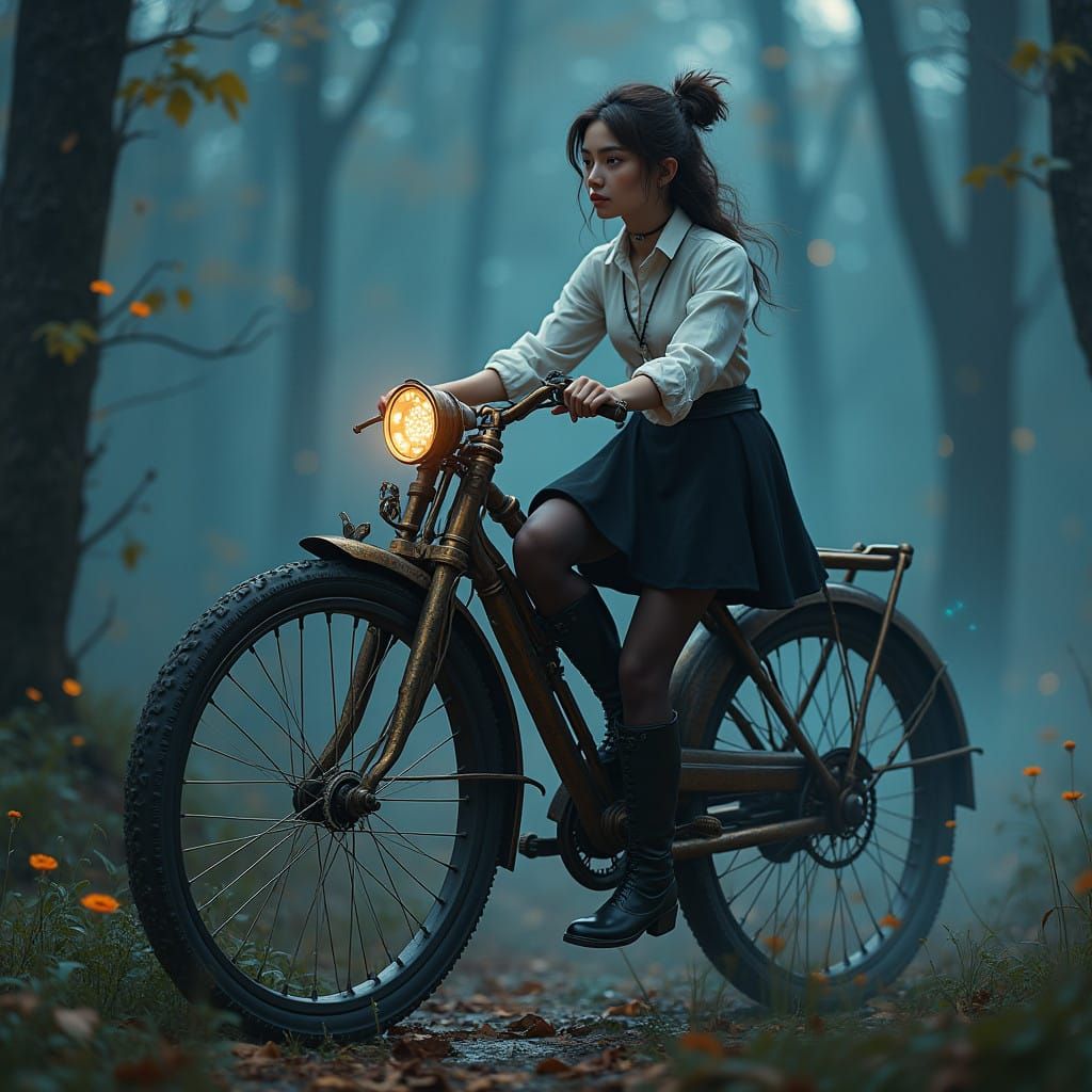 Woman Rides Steampunk Bicycle into Mystical Forest at Dusk