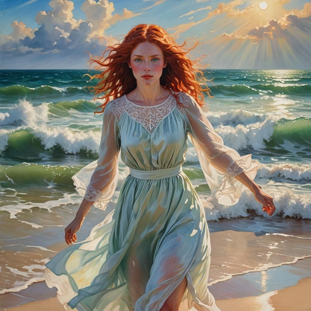 Woman with Red Hair on Beach in Impressionistic Style