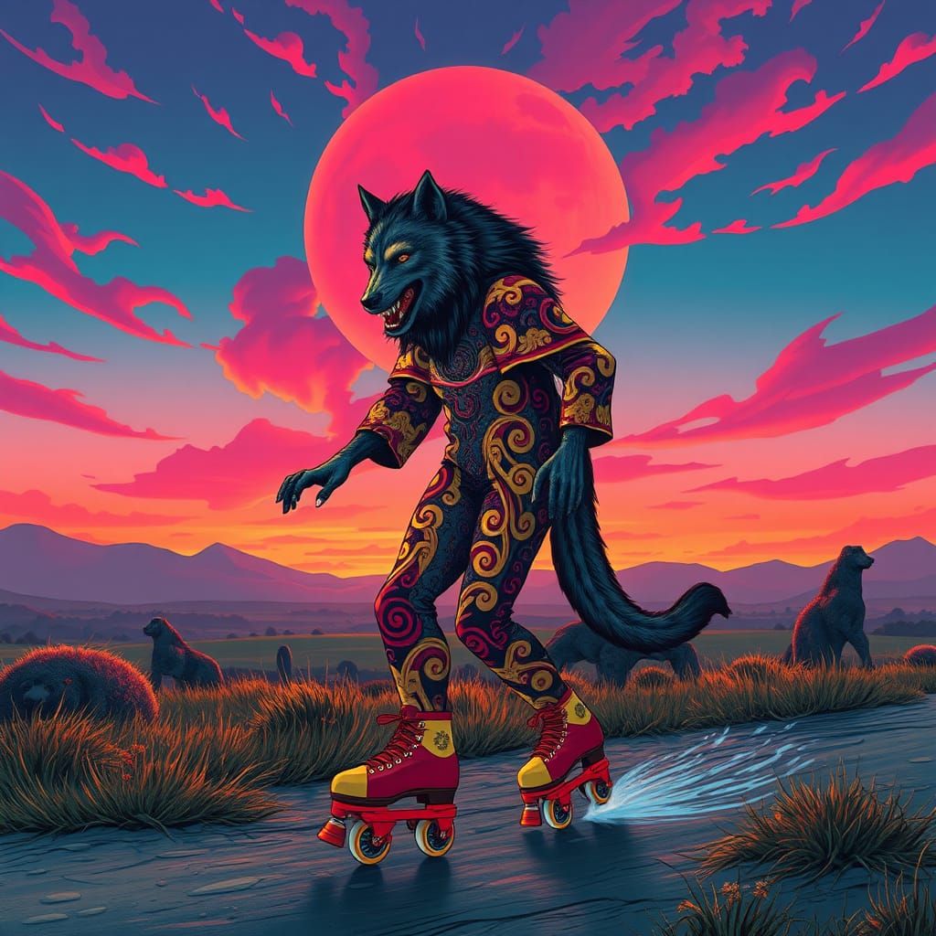 Art Nouveau Werewolf on Roller Skates in Twilight