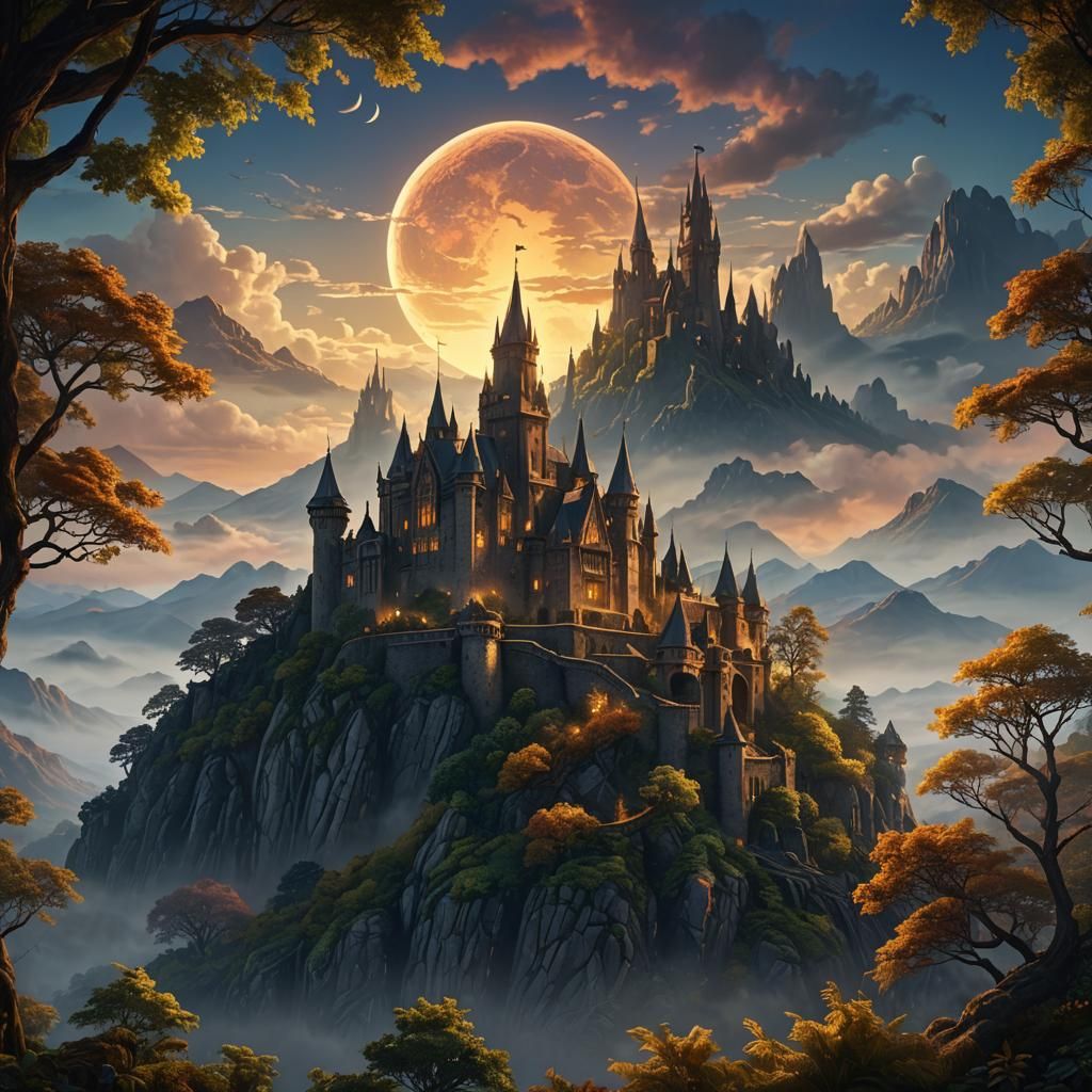 Misty Mountain Castle at Sunset: Fantasy Concept Art