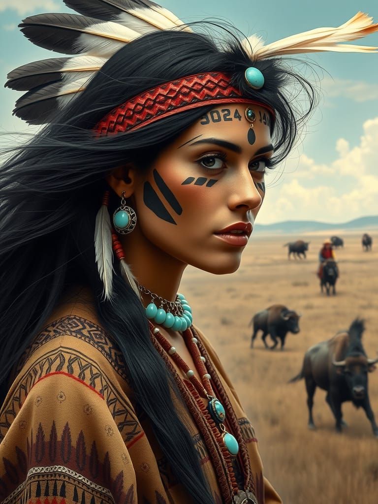 Native American Woman in Traditional Dress on the Plains