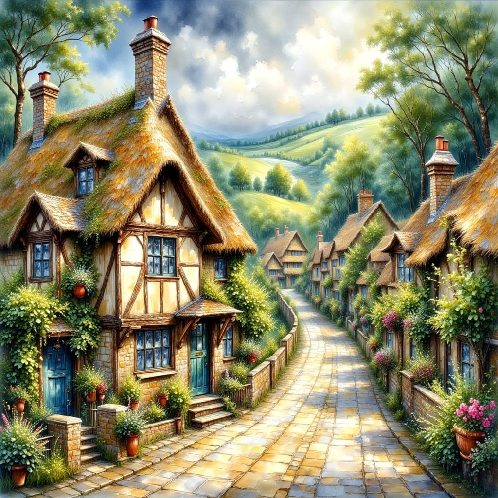 Charming English Village as Impasto Oil Painting