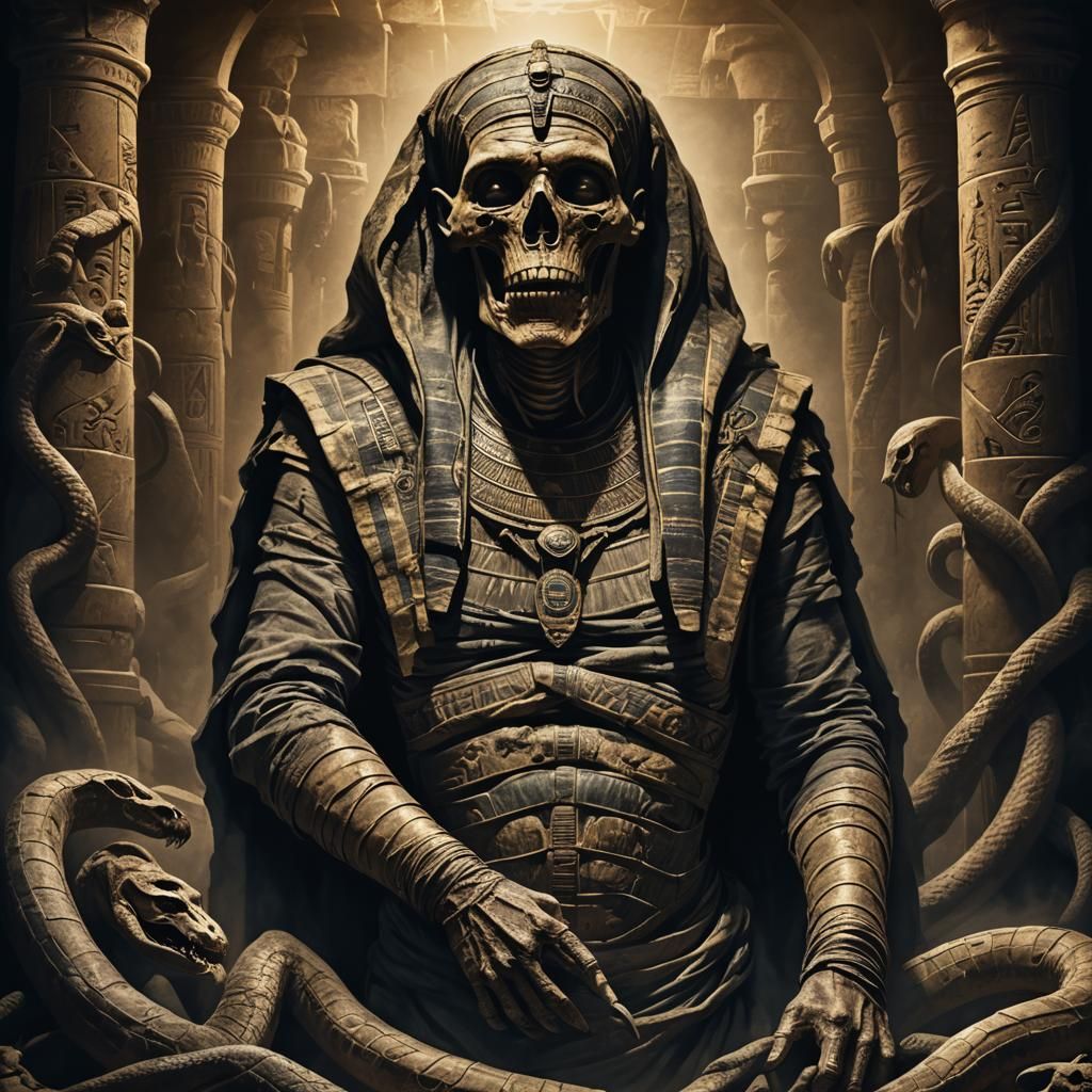 Eerie Dark Fantasy Mummy Rises from Sarcophagus