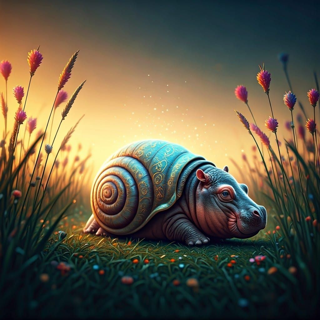 Hippo-Snail Hybrid in Dreamlike Meadow, Digital Art