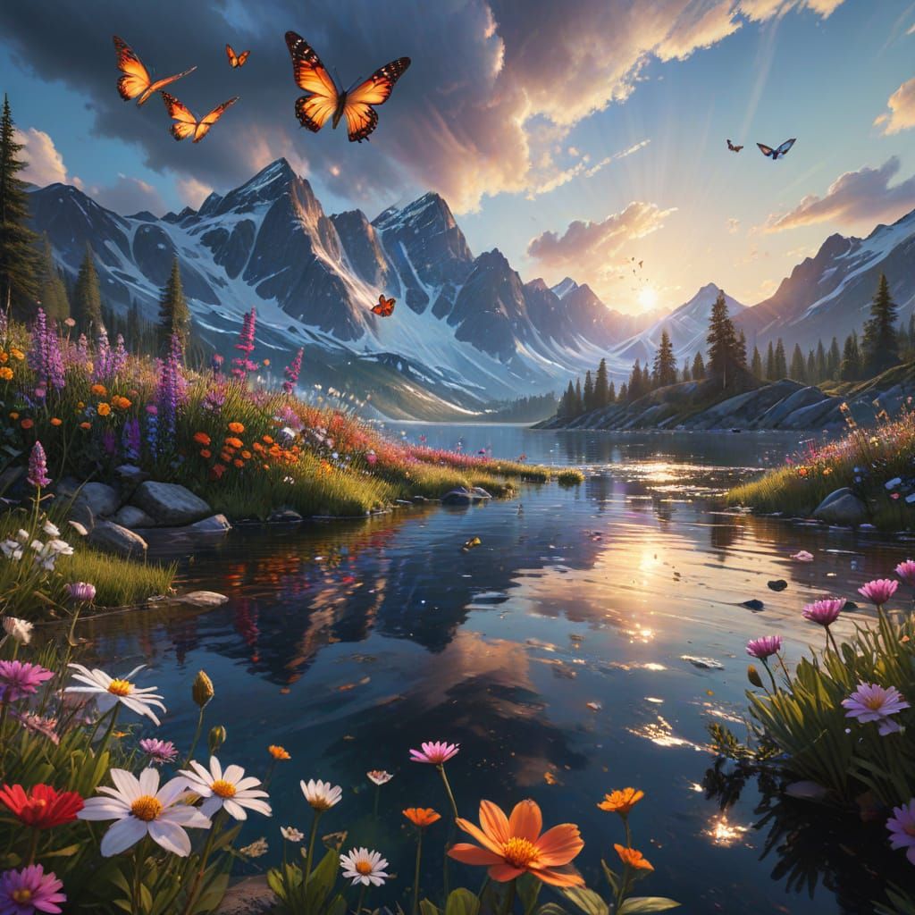 Serene Alpine Lake Landscape with Wildflowers and Mountains