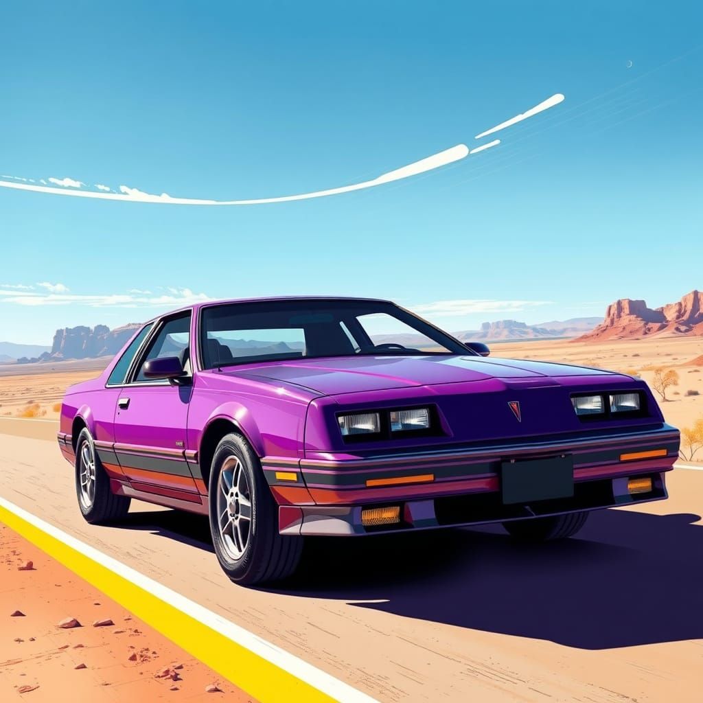 Purple Grand Am on Desert Highway, Illustrative Style