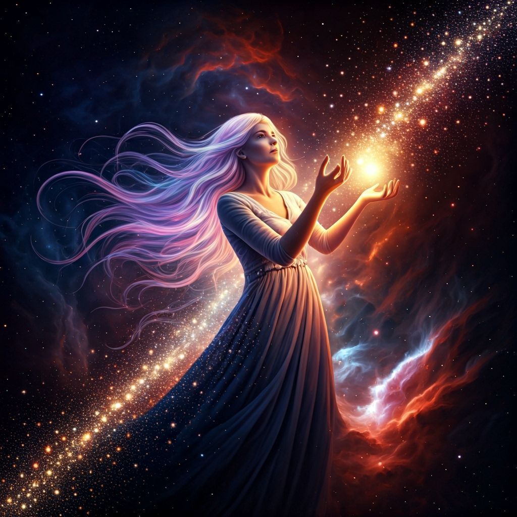 Ethereal Woman Conjuring Magic in Nebula