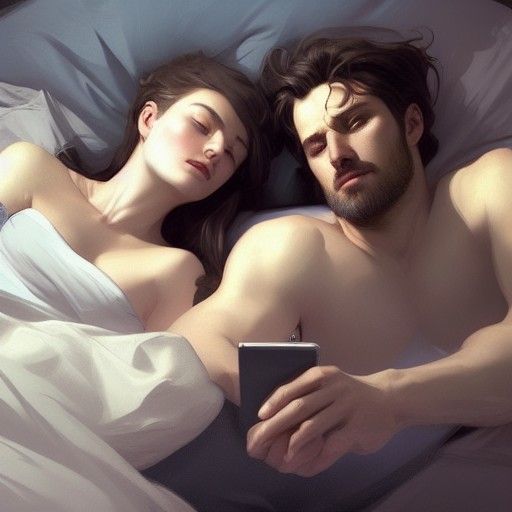 Intricate Portrait of Couple Using Phones in Bed