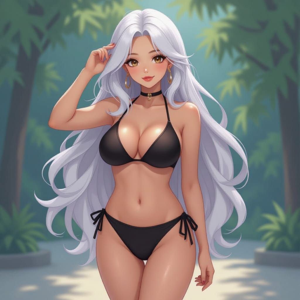 Anime Woman with Flowing White Hair in Digital Painting Styl...