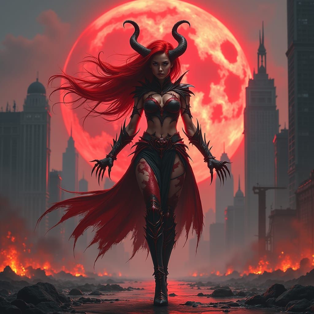 Demonic Warrior in Dystopian Cityscape: 8k Matte Painting