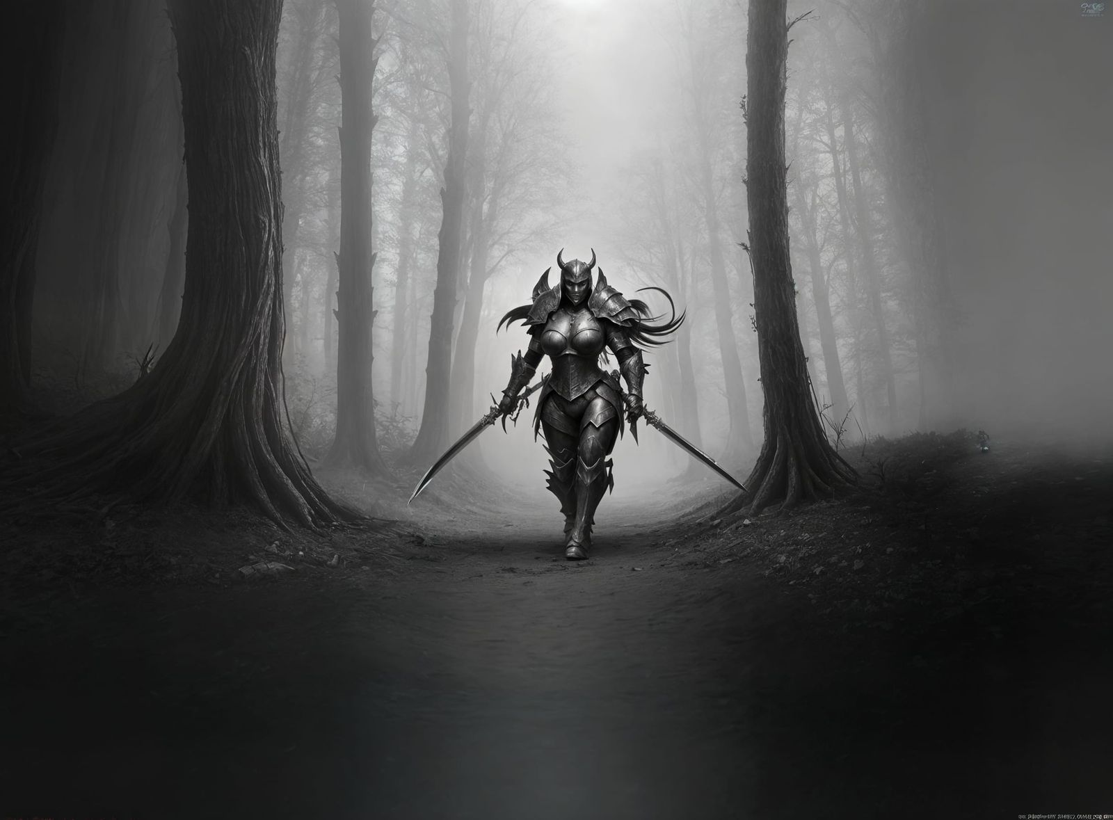 Voluptuous Knight Battles Mystical Monster in Charcoal Style