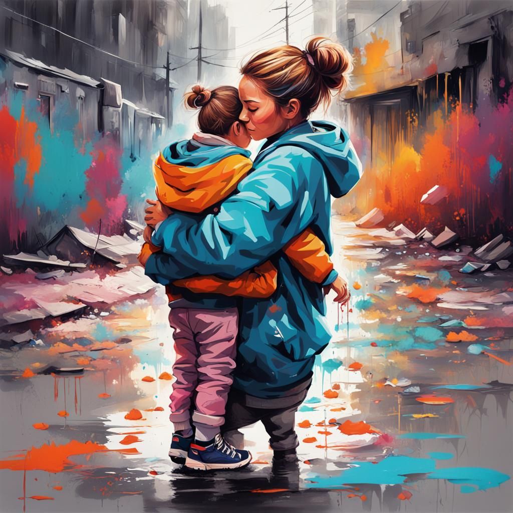 Mother and Child Embrace in Graffiti Art Style